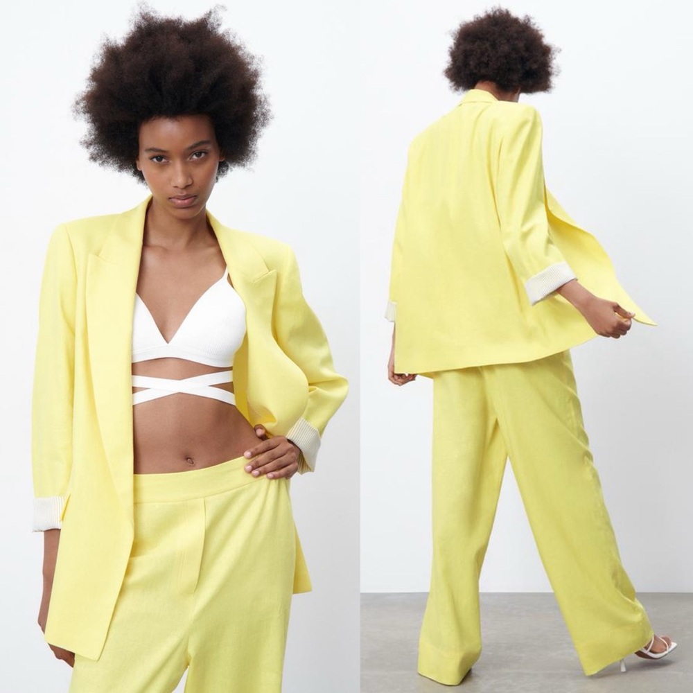 Zara LINEN BLAZER W/ PRINTED SLEEVES YELLOW SIZE L NEW